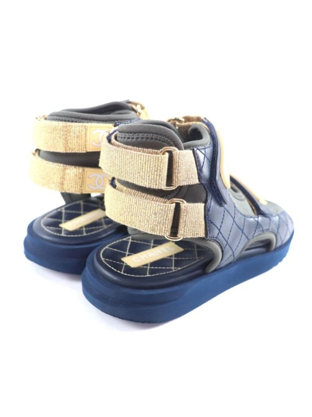 Chanel CC Logo Quilted Velcro Fabric Leather Sandals Khaki Navy 39 - Picture 3 of 16